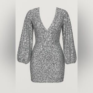Fashion Nova Silver Sequin Bodycon Dress with Bishop Sleeves